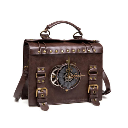 Bronze steampunk industrial retro shoulder bag with metal hardware on horizontal square pillow bag design