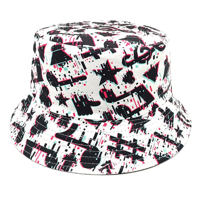White bucket hat with black musical note pattern print, dome crown shape.
