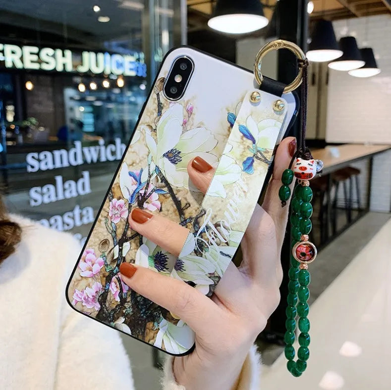 Samsung Galaxy phone case with folded-out bracket stand showing hands-free viewing angle