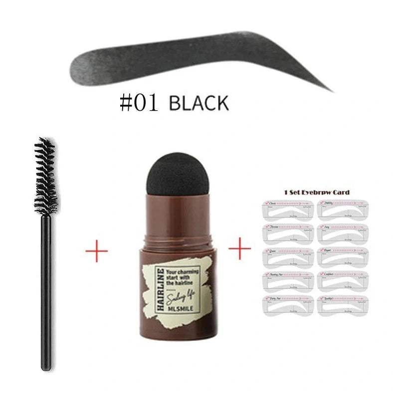 Eyebrow stamp kit with powder compact, air cushion applicator, 10 stencil cards, and dual-ended brow brush on white background