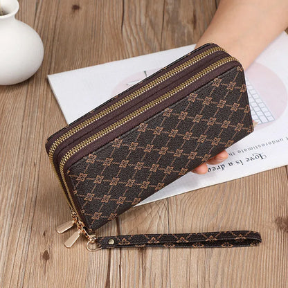 Black European retro style PU leather long wallet clutch open to show mobile phone pocket, coin purse, and zipper compartments