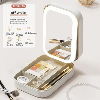 Elegant lighted makeup organizer with adjustable LED mirror, compact storage compartment, and touch-sensitive brightness control