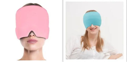 Black elastic cloth gel cold compress eye mask for headache relief on a grey background.
