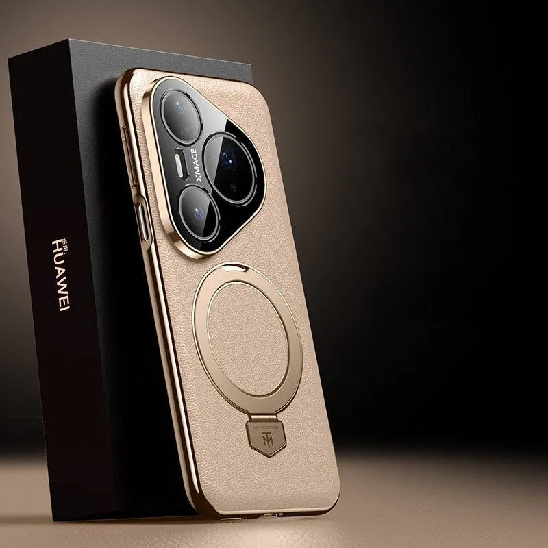 Magnetic rotating bracket phone case for Huawei Pura 70/80 in Obsidian Black frosted feilin leather with fall protection