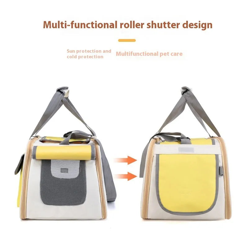 Portable foldable canvas pet bag in yellow, green, and black colour options
