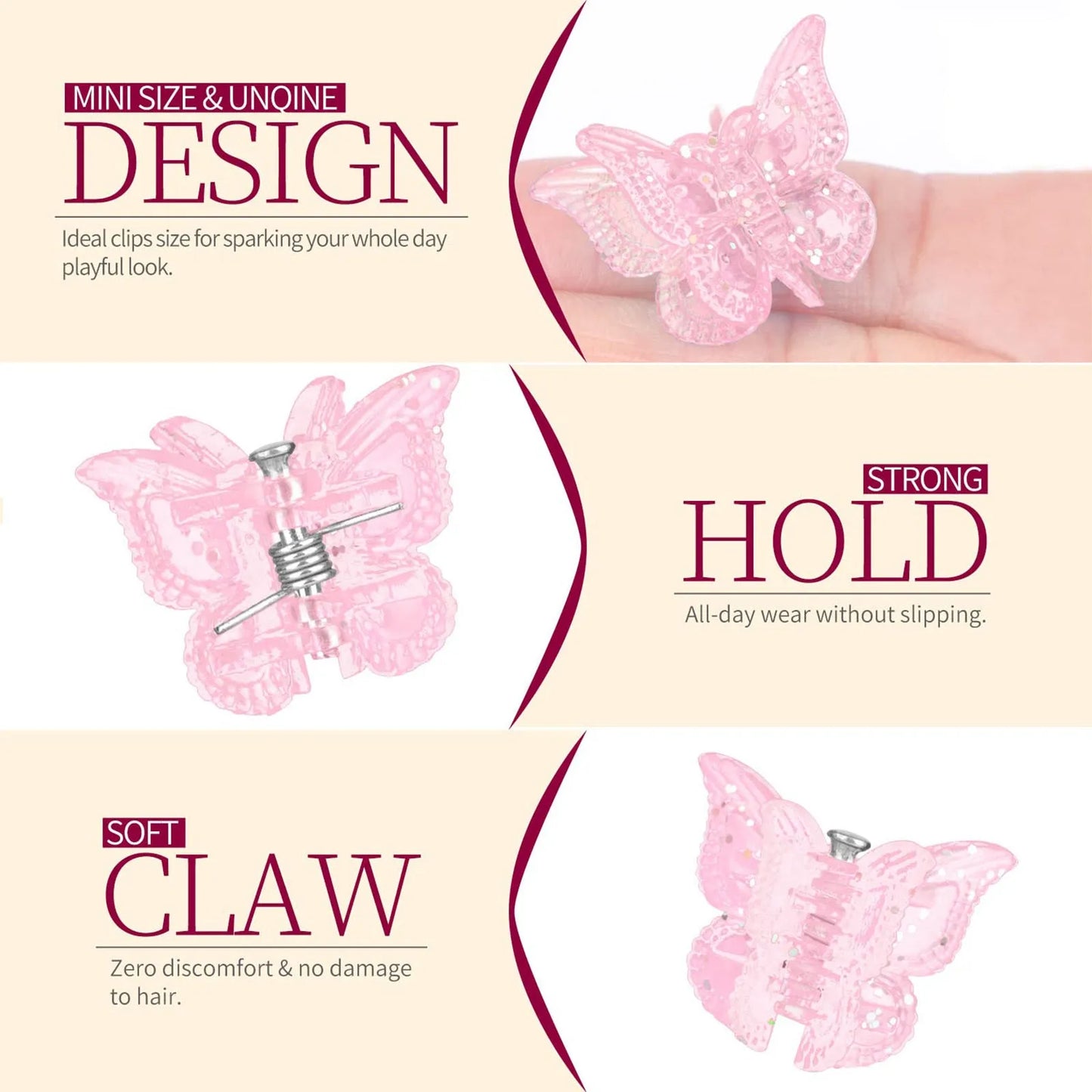 50 glitter butterfly hair claw clips in assorted colours on a white background.