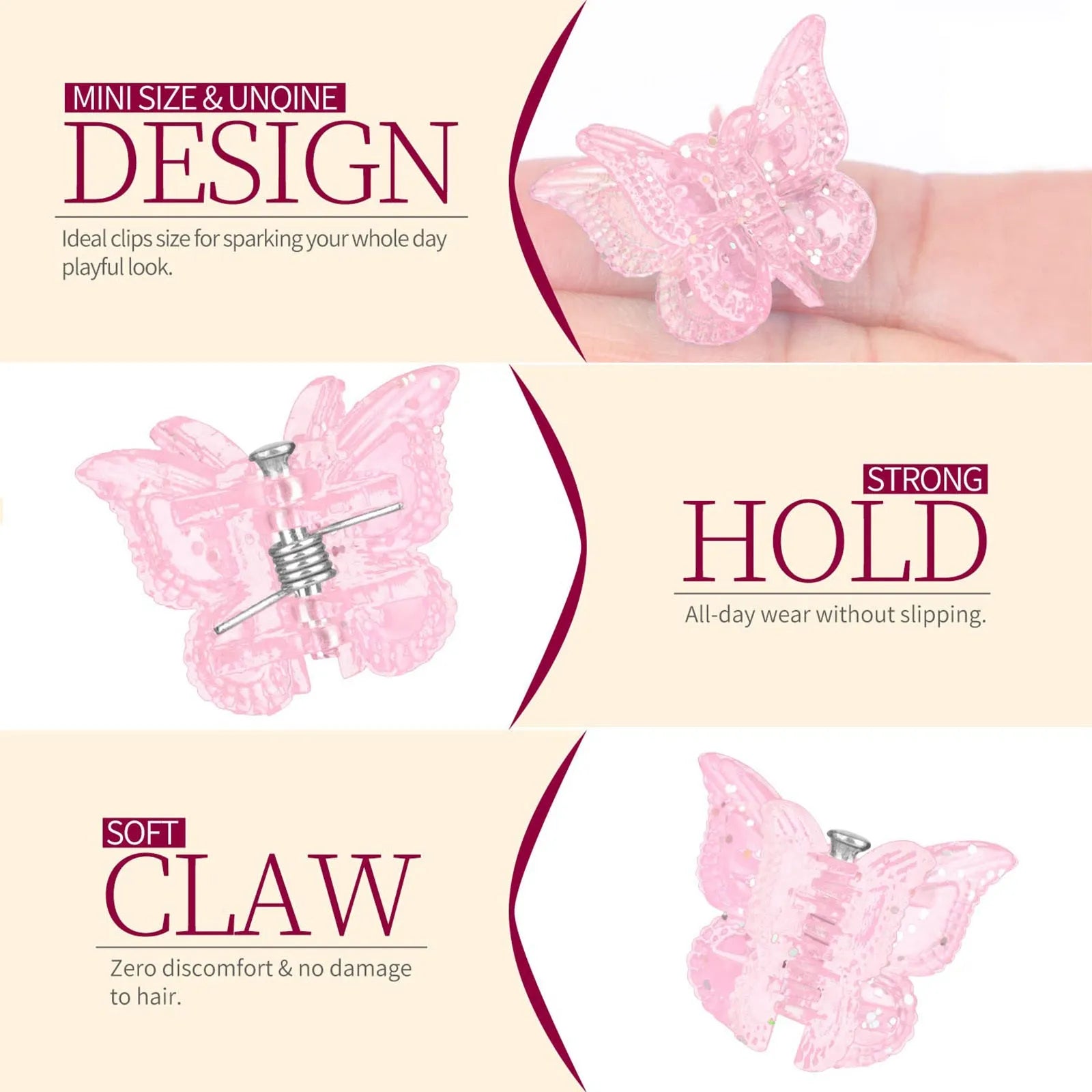 50 glitter butterfly hair claw clips in assorted colours on a white background.