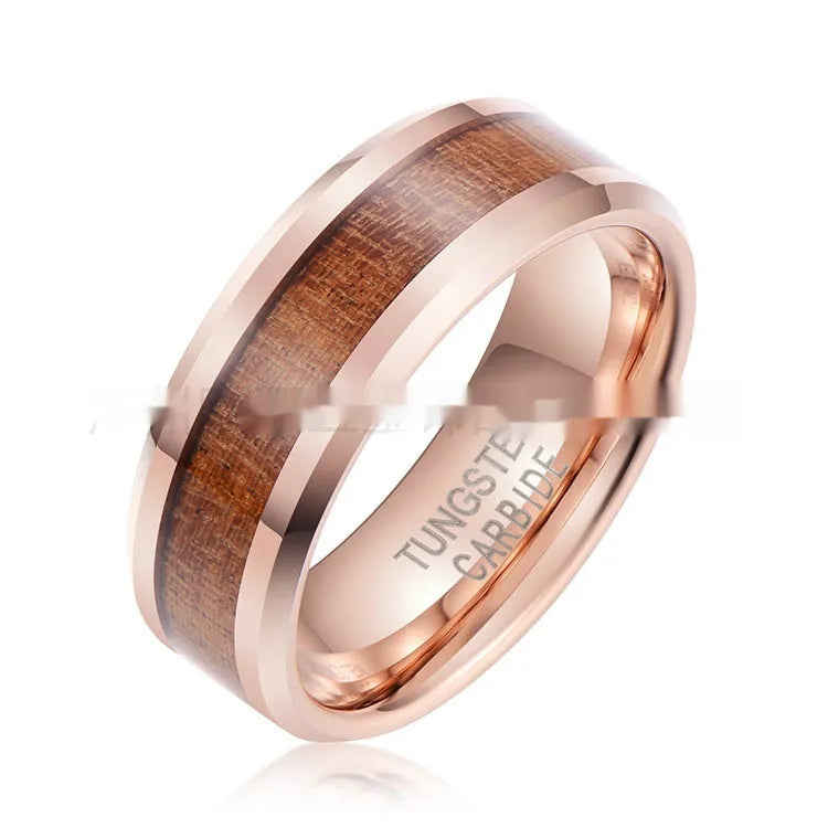 Men's tungsten ring with wood and leather inlay on a U-shaped 8mm wide band.
