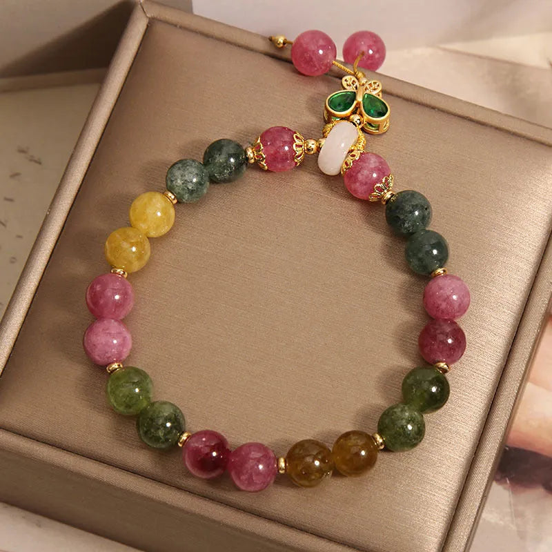 Colourful butterfly pendant tourmaline bracelet with natural jade stones and rhinestone decoration on alloy setting