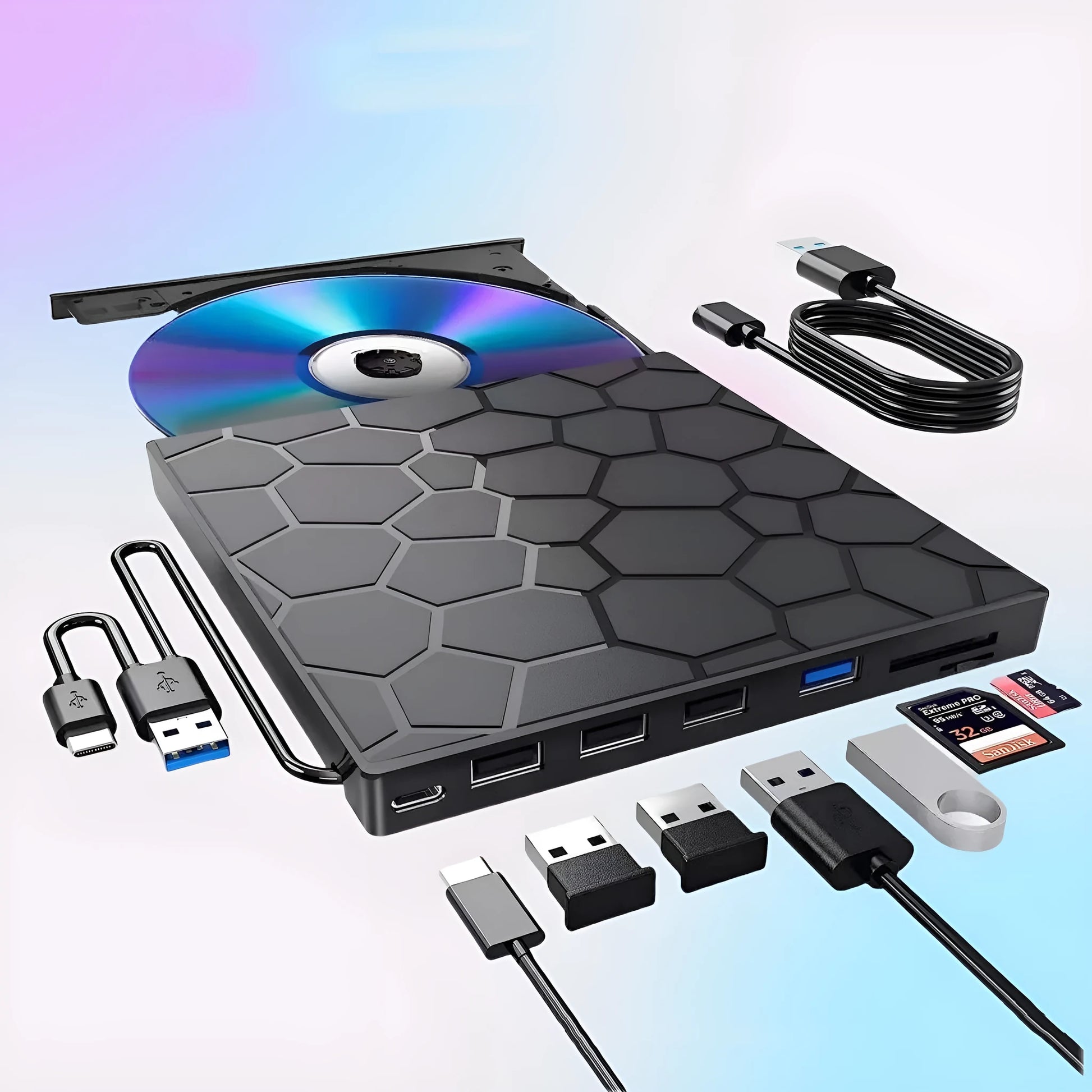 Black external USB CD drive burner with compact dimensions for portable disc reading and writing.