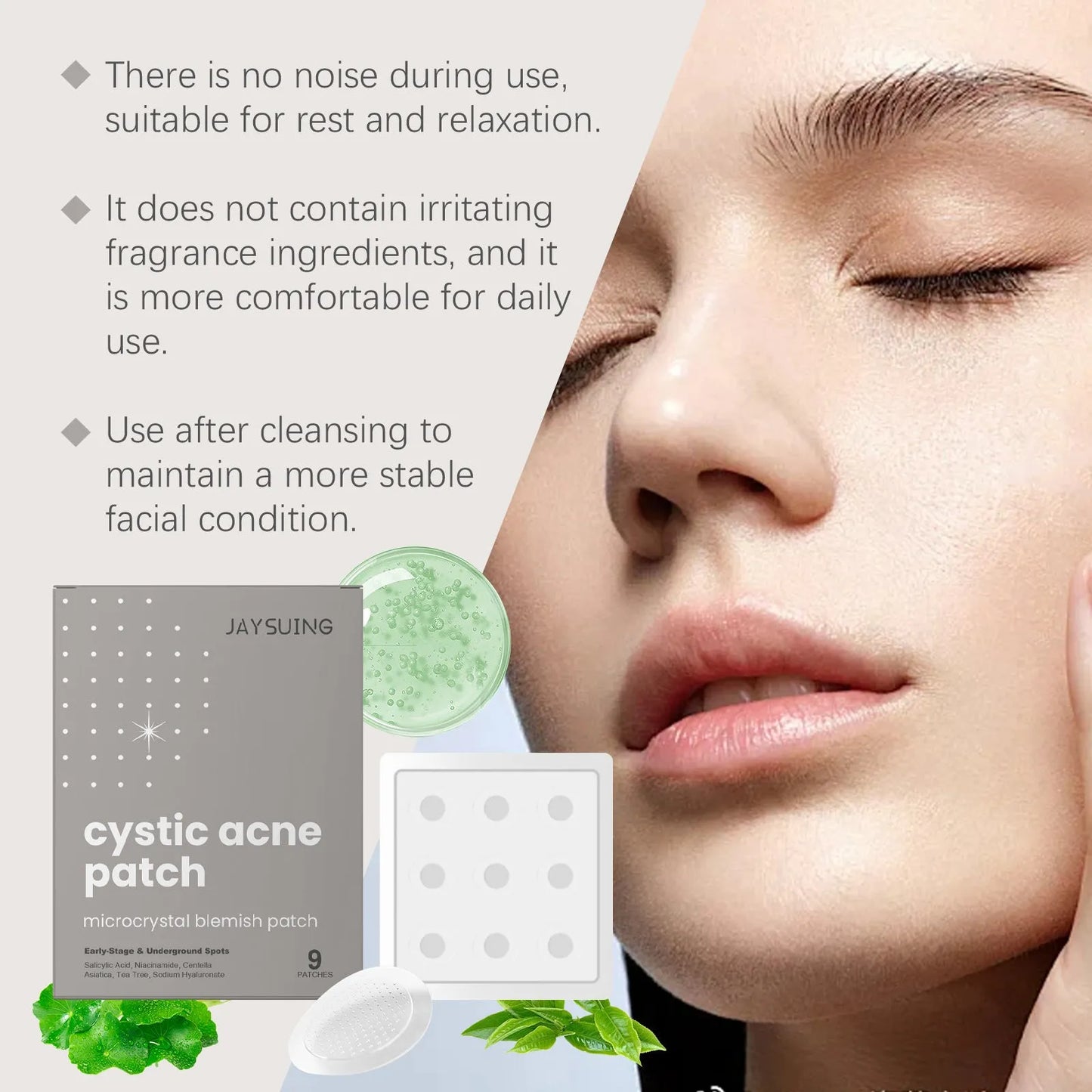 Pack of 9 microneedle acne patches with tea tree oil and Centella asiatica ingredients