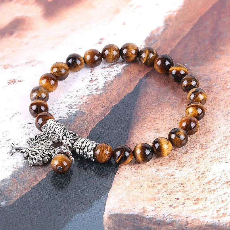 Elegant Tree of Life bracelet with genuine tiger's eye stone and ancient silver plating