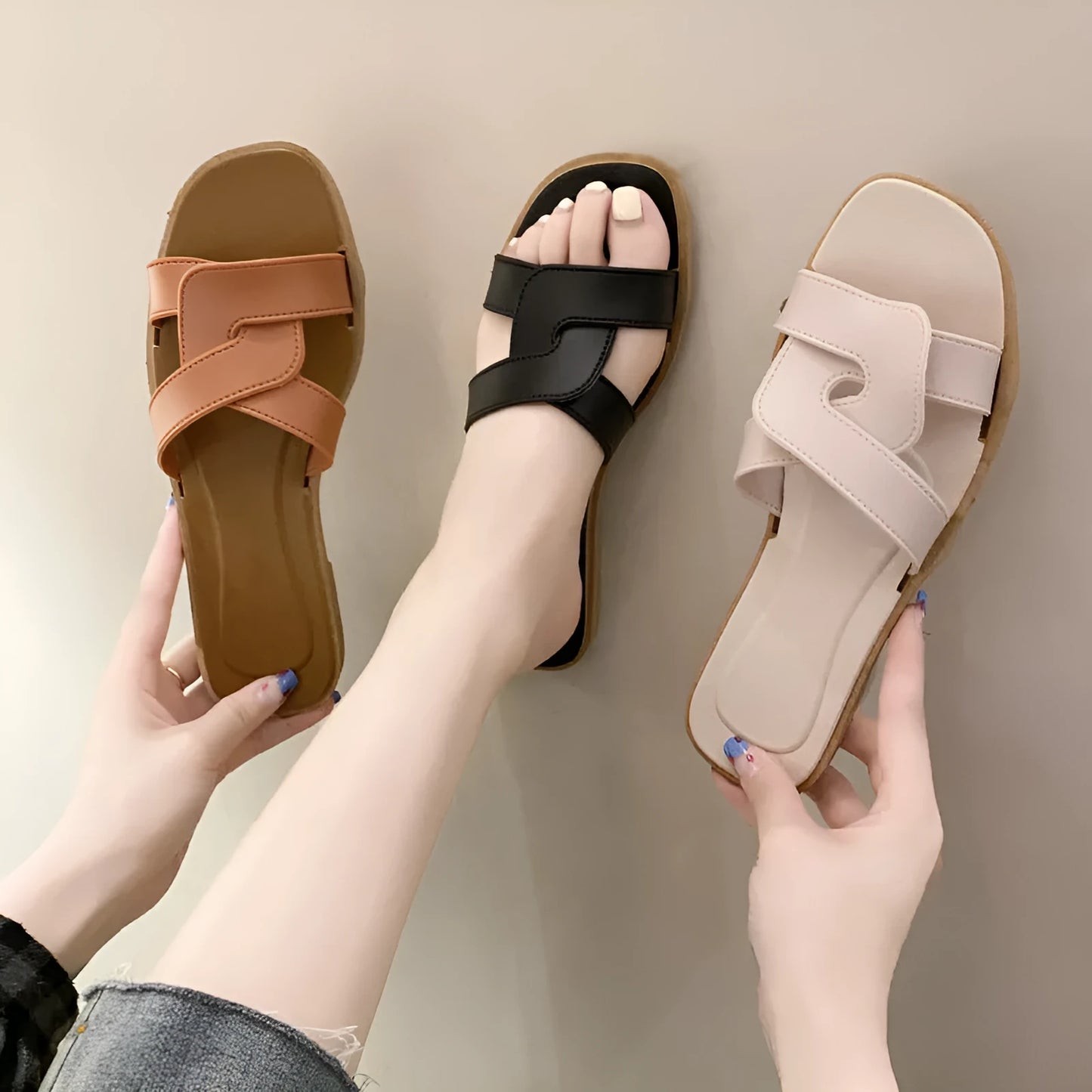 Women's PVC toe ring slippers with solid colour cross straps and non-slip sole