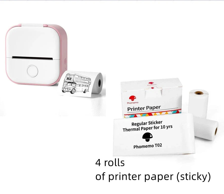 Compact Bluetooth-enabled thermal label printer in white, pink, and green colors with various label options