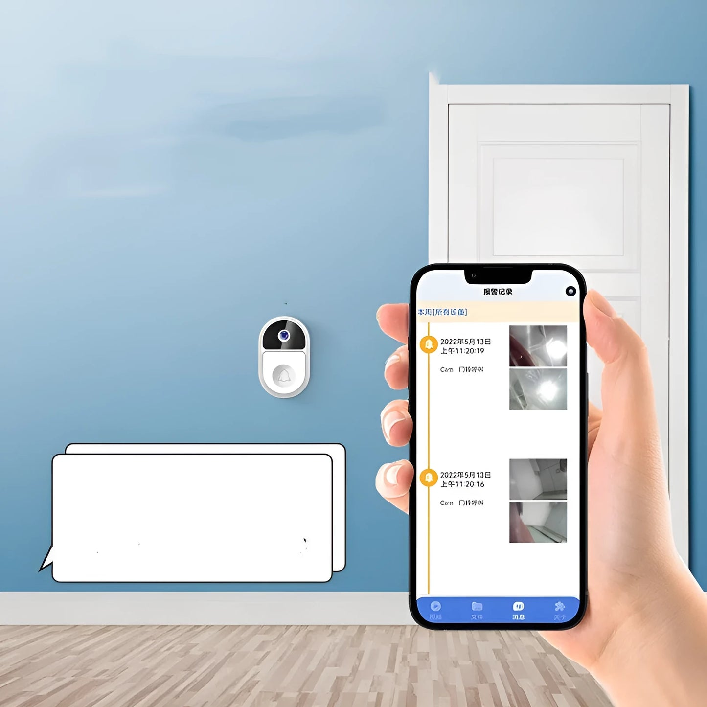 Doodle Smart Visual Doorbell V8 unit in black or white, showing front-facing camera and speaker.