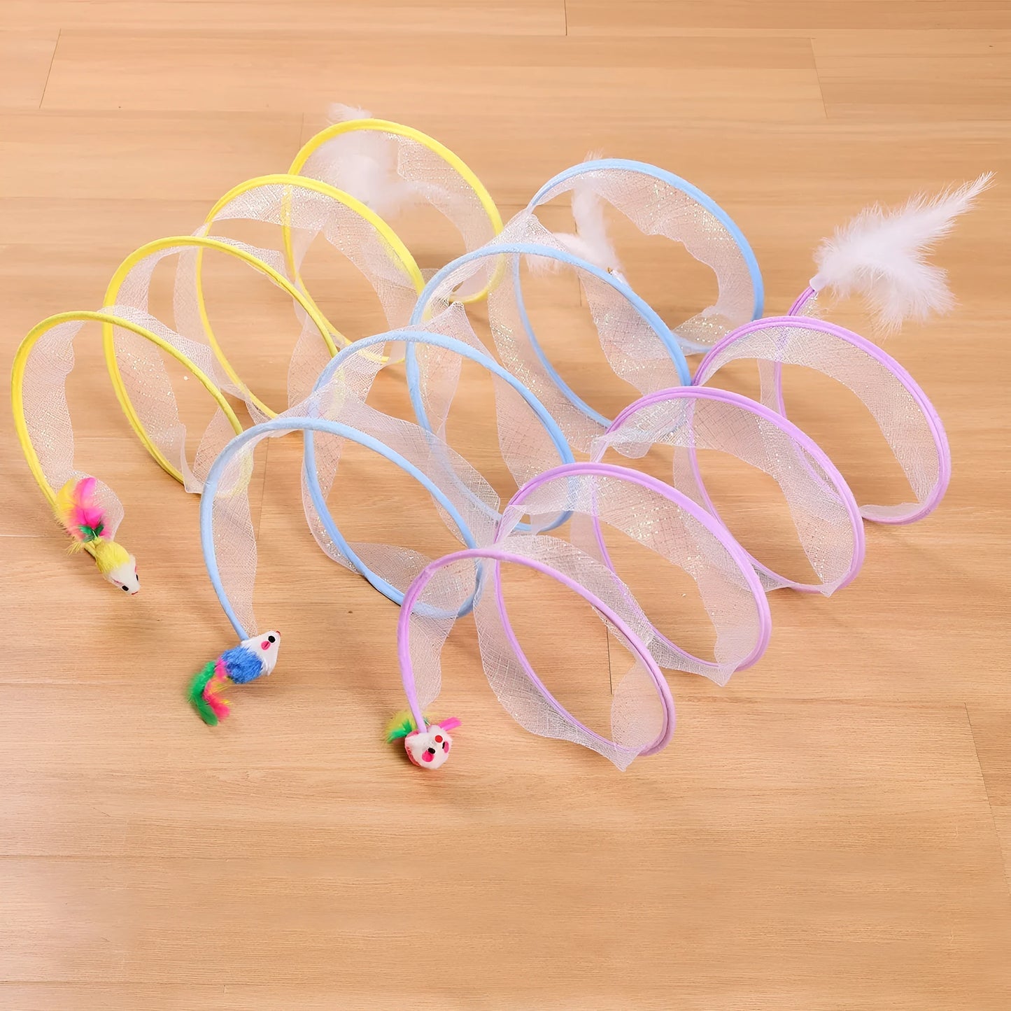 S-type cat tunnel toy with steel frame and elastic net construction, feather teaser attachment included
