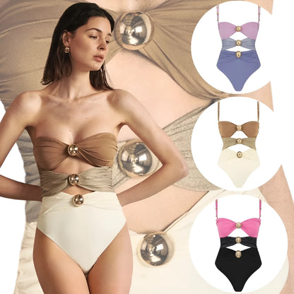 Women's one-piece swimsuit with round buckle decoration and hollow-out stitching design in nylon fabric