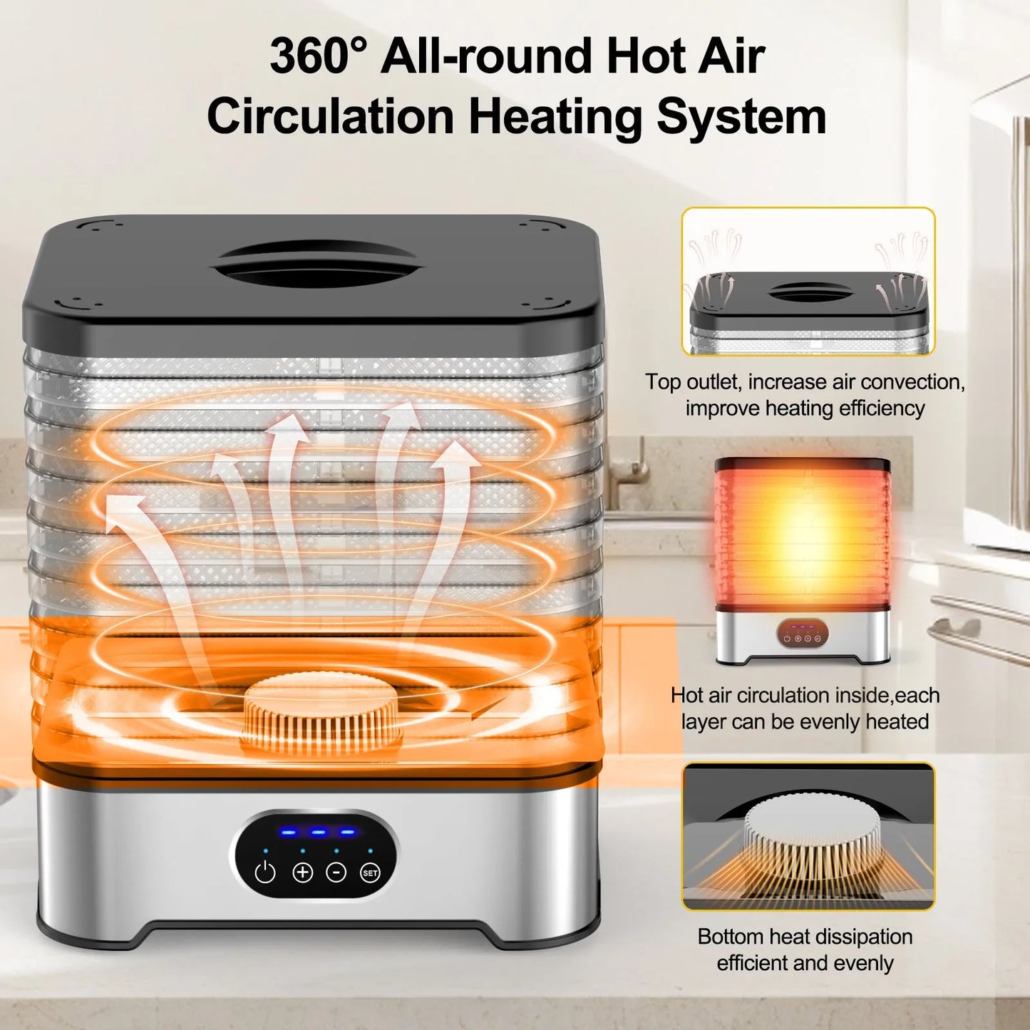 Food dehydrator in silver or red with 8 layers, intelligent controls, and 400W power for household drying