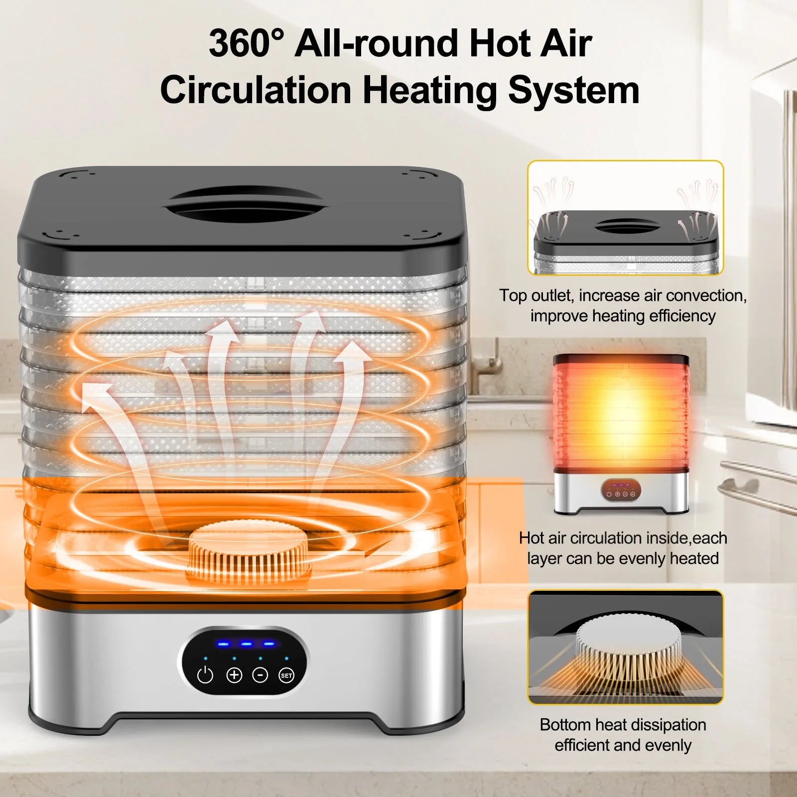 Food dehydrator in silver or red with 8 layers, intelligent controls, and 400W power for household drying