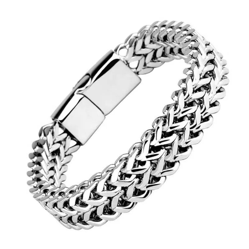 Silver stainless steel hip hop bracelet with geometric pattern showing front and back design