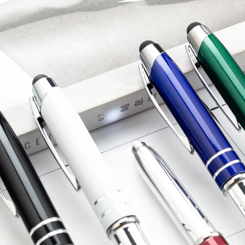 Capacitive stylus ballpoint pen with LED light touch screen functionality metal multifunctional office pen in red black white green blue colour bullet type pen head