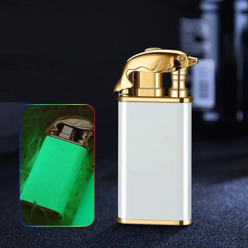 Metal windproof lighter with double flame and dragon design, showing flame from mouth.
