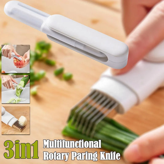 White 3-in-1 rotary paring knife with rotating blades and integrated sharpener for kitchen use