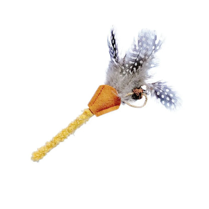 Polygonum wood cat feather chew toy with green and yellow feathers for dental care and interactive play
