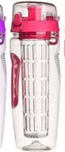 32oz clear Tritan plastic fruit infuser water bottle with a separate fruit cup and leakproof lid.