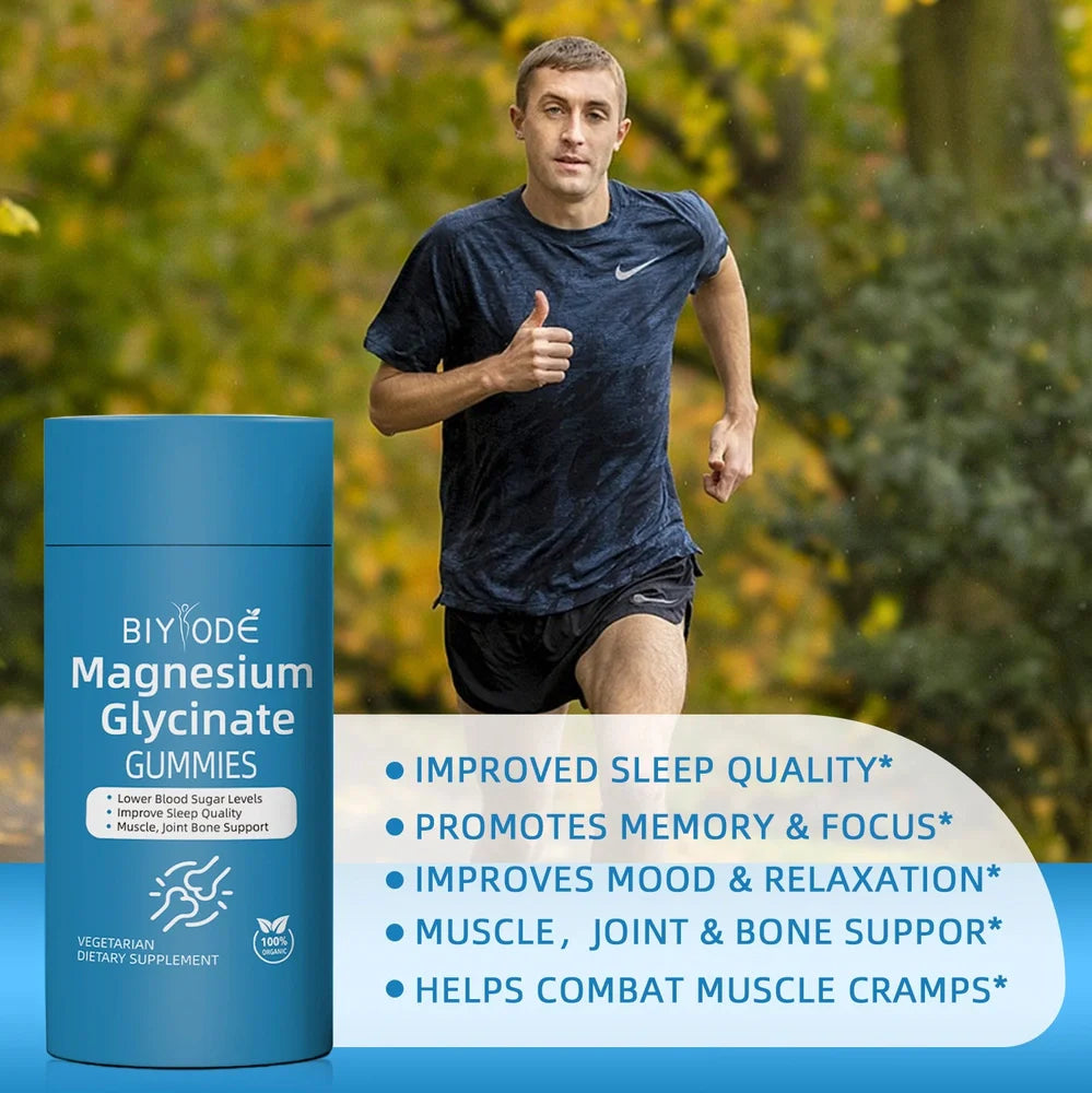 Bottle of 60 magnesium glycinate gummies for immune and muscle support with 2 daily dosage