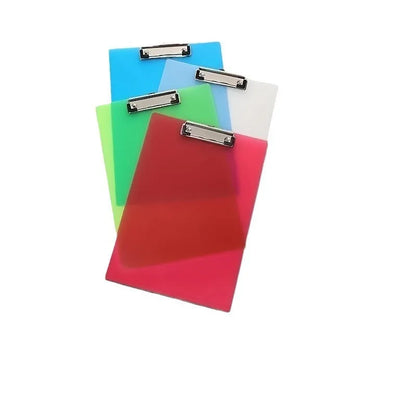 Transparent A4 plastic plate holder with metal clip, holding white paper, on a desk.