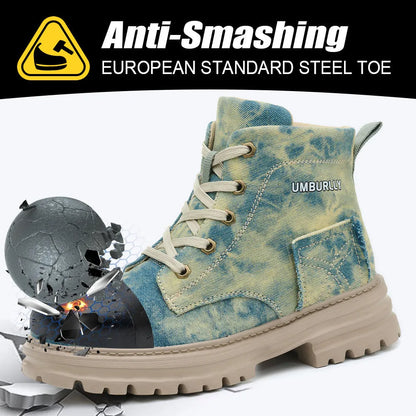 Women's canvas safety shoes with steel toe cap, Kevlar anti-puncture sole, purple and blue, sizes CN35 to CN42