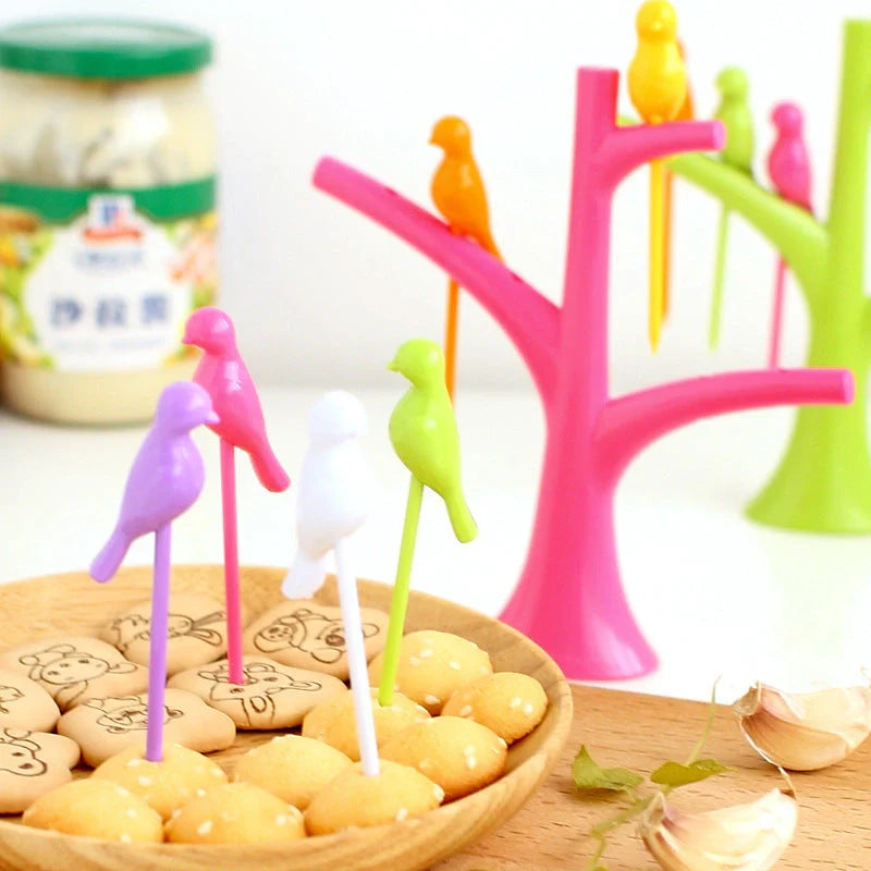 Kids' plastic fruit fork set with tree and birds design in various colours