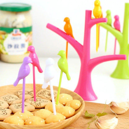 Kids' plastic fruit fork set with tree and birds design in various colours
