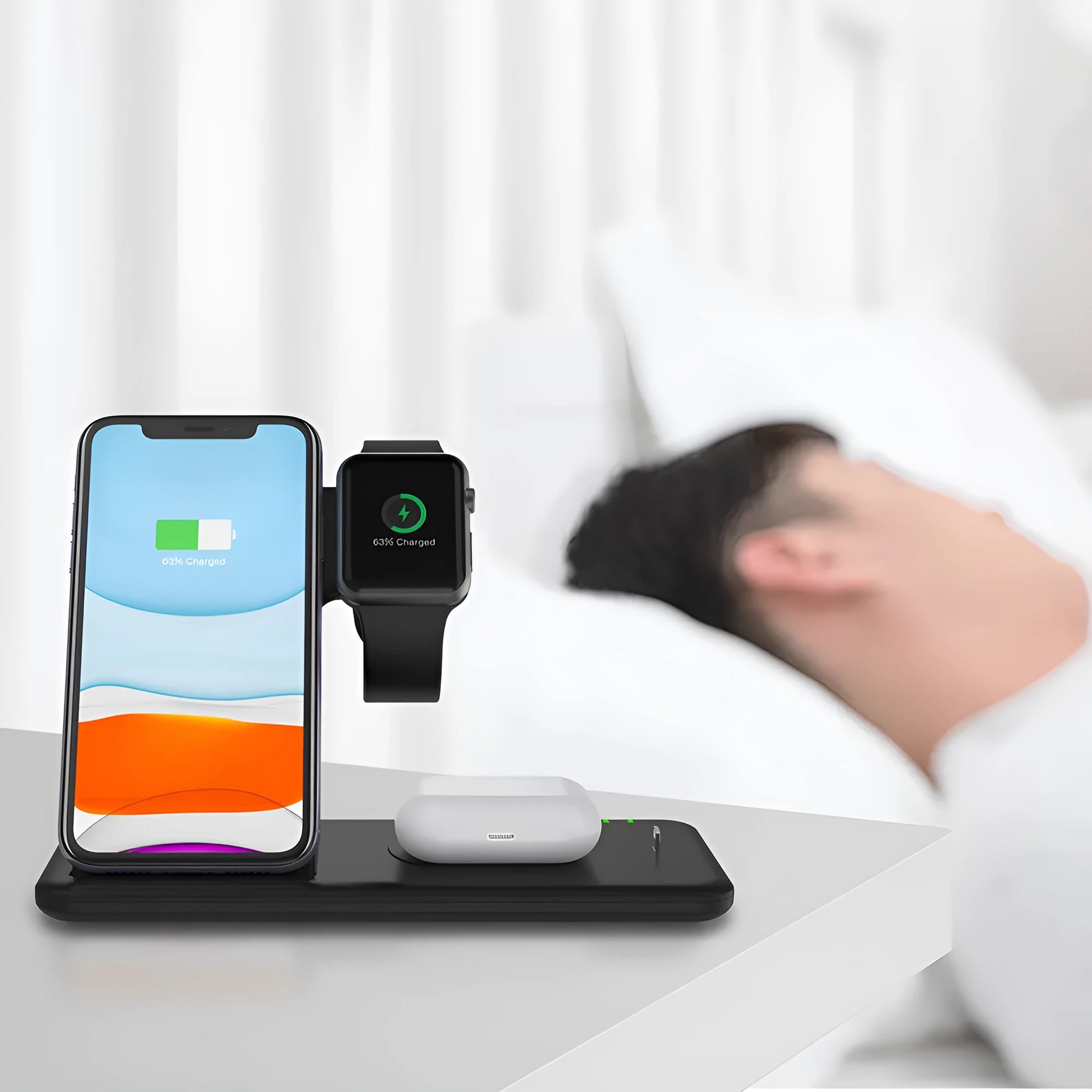Three-in-one 15W wireless charging stand for mobile phone, smartwatch and earbuds in black