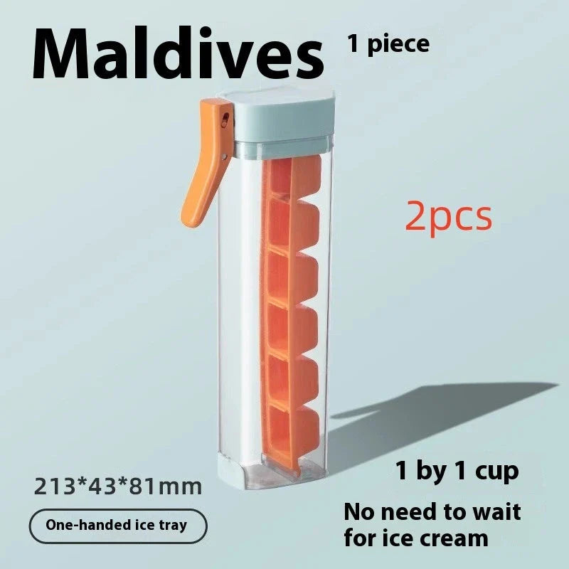 Premium one-touch ice cube tray in Maldives color and pearl white, with features like food-grade materials, easy ice cube release, and convenient storage box