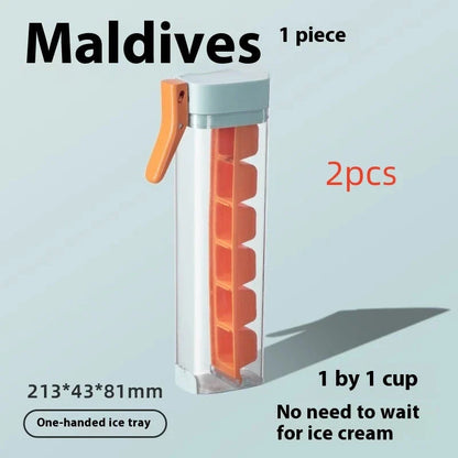 Premium one-touch ice cube tray in Maldives color and pearl white, with features like food-grade materials, easy ice cube release, and convenient storage box