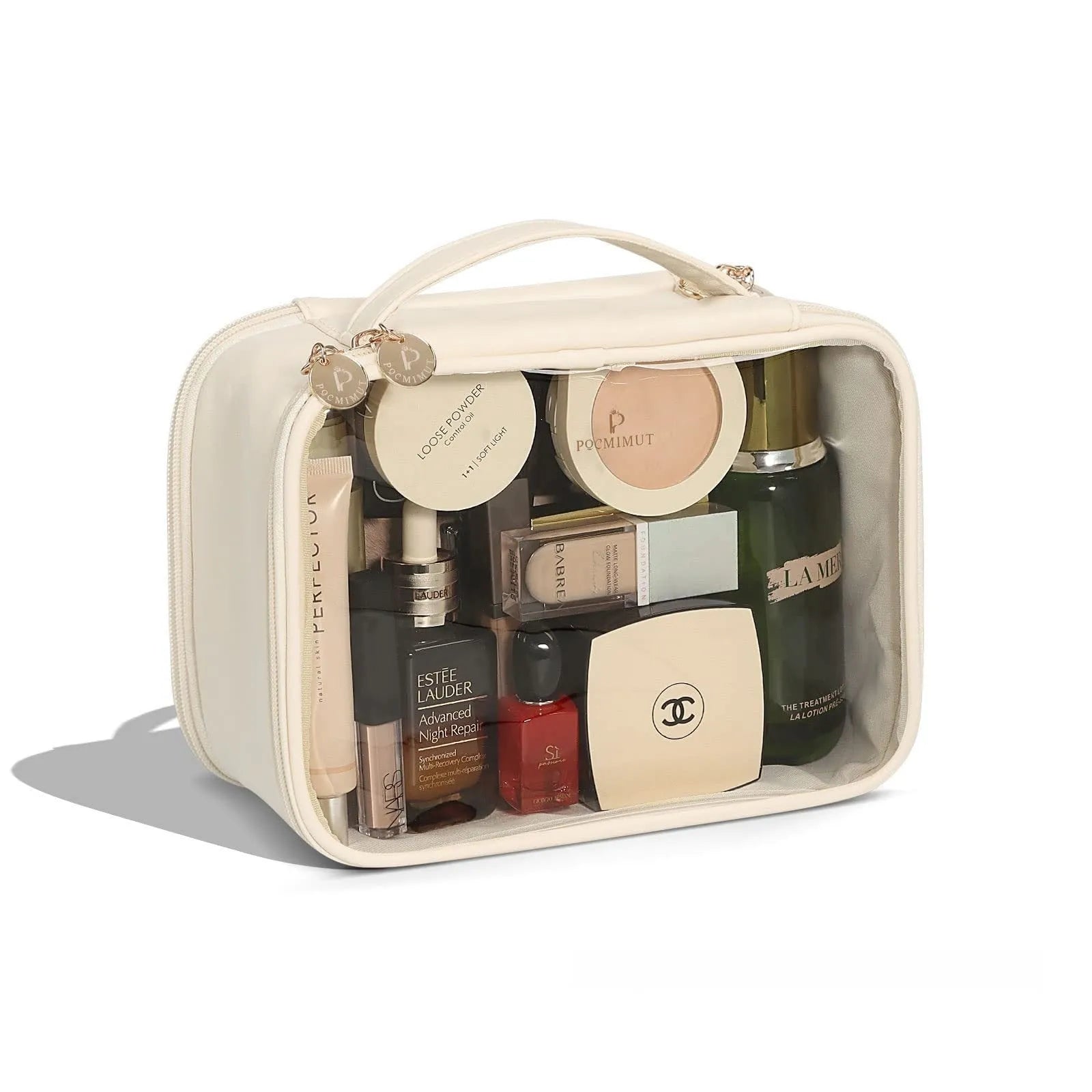 Transparent PVC leather cosmetic bag showing interior organisation with dry wet separation