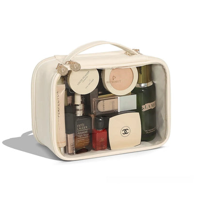 Transparent PVC leather cosmetic bag showing interior organisation with dry wet separation