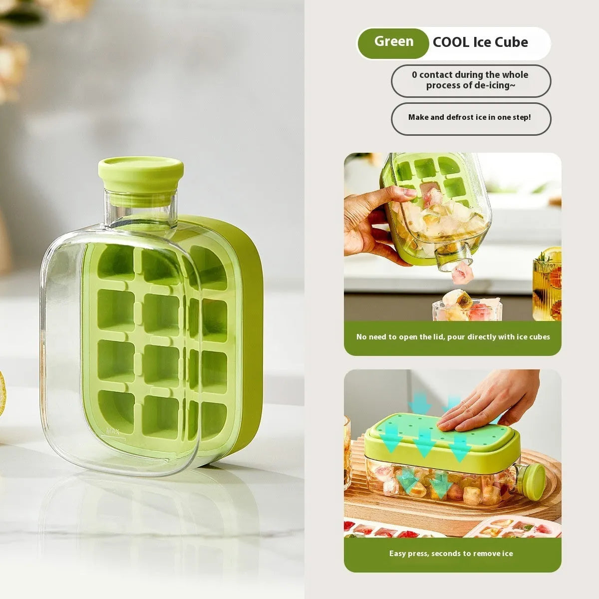 Portable instant ice maker cup in green colour with straw, showing one-click molding mechanism.