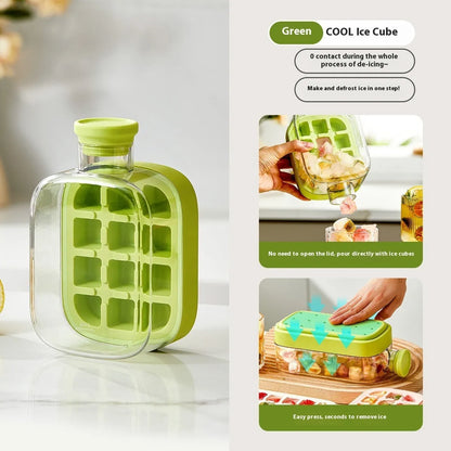 Portable instant ice maker cup in green colour with straw, showing one-click molding mechanism.