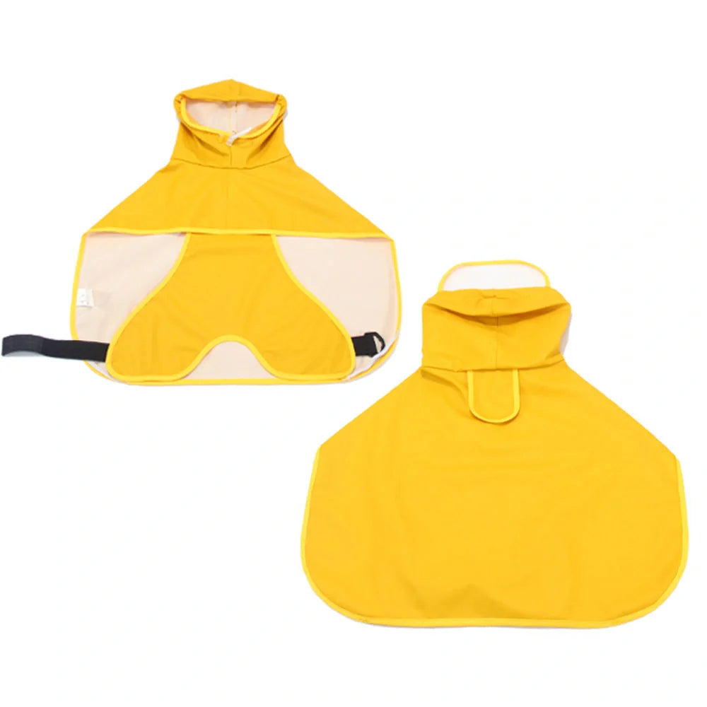 Dog wearing a yellow waterproof raincoat with a transparent brim and bellyband