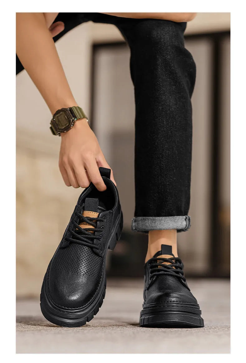 Men's height increasing work casual shoes with genuine leather upper and breathable platform sole, low heel lace-up design in black or brown colour options with comprehensive UK size range 38 to 45.