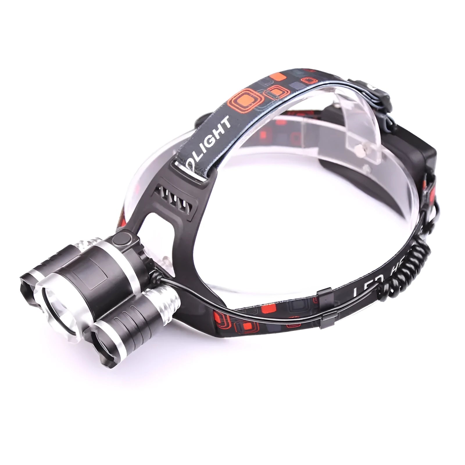 Gold or silver aluminium alloy LED head torch with adjustable zoom focus and tiltable head on an adjustable strap.