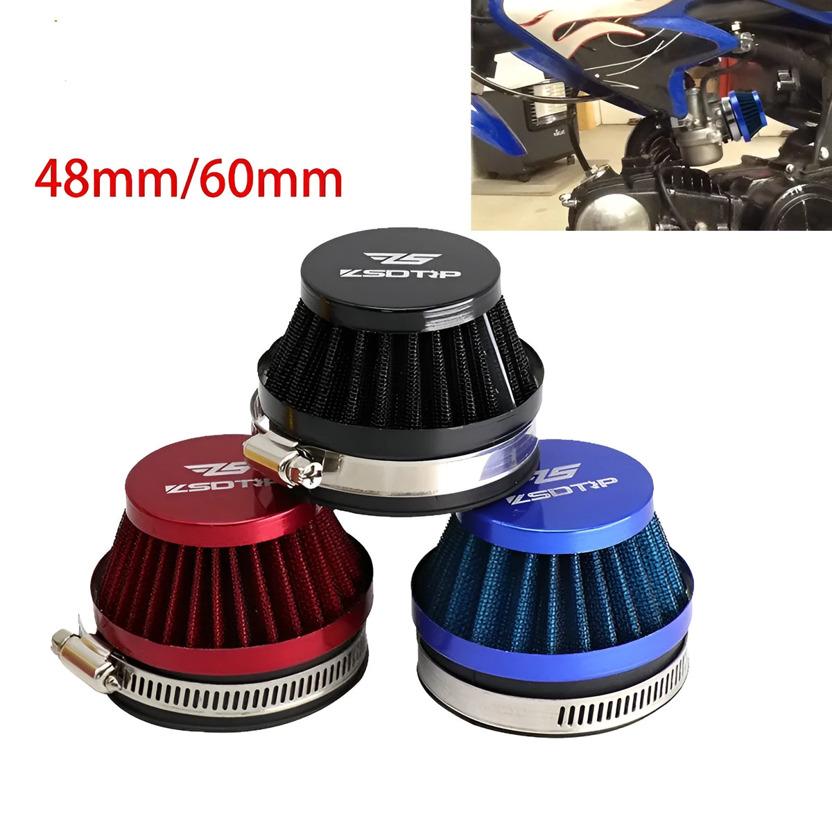 Universal motorcycle air filter E-DGT in 48mm, 55mm, and 60mm sizes, available in black, blue, and red