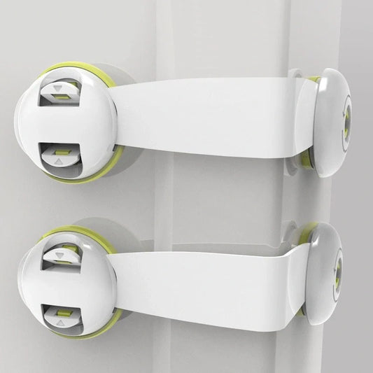 Baby safety lock in red, green, and brown with dual push-button switch