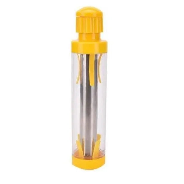 Yellow corn stripper tool with cylindrical design for corn threshing and multifunctional kitchen use, made from ABS plastic and 201 stainless steel construction measuring 27cm high by 7.5cm diameter