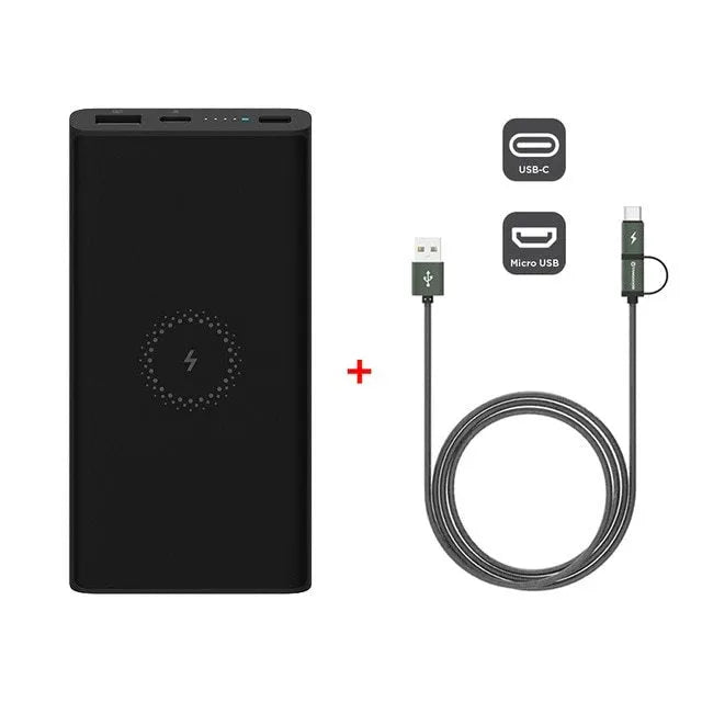 White or black 10000mAh power bank with USB Type-C input and wireless charging output