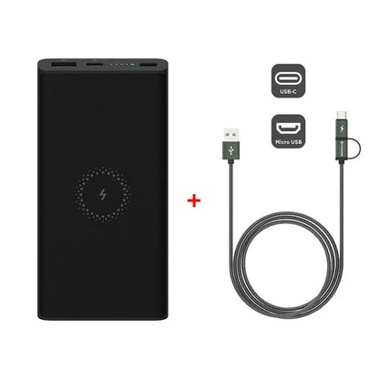 White or black 10000mAh power bank with USB Type-C input and wireless charging output