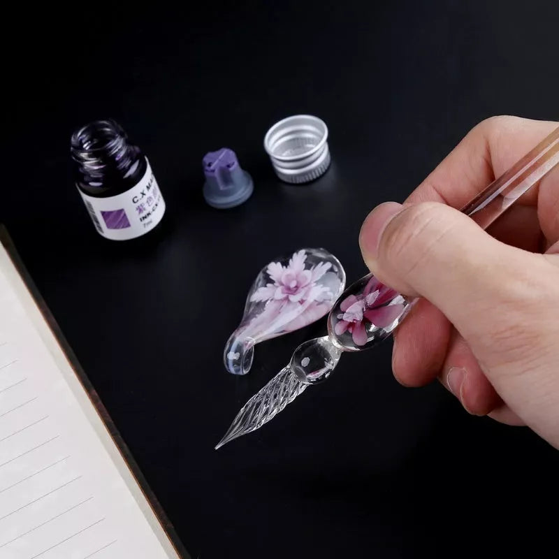 Crystal Flower Glass Dip Pen Set with floral patterns and borosilicate glass construction